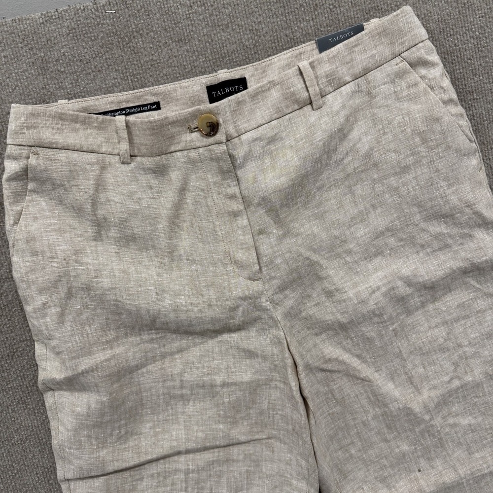 NWT Talbots Pants Womens 12 Petite Tan 100% Linen Coastal Pockets